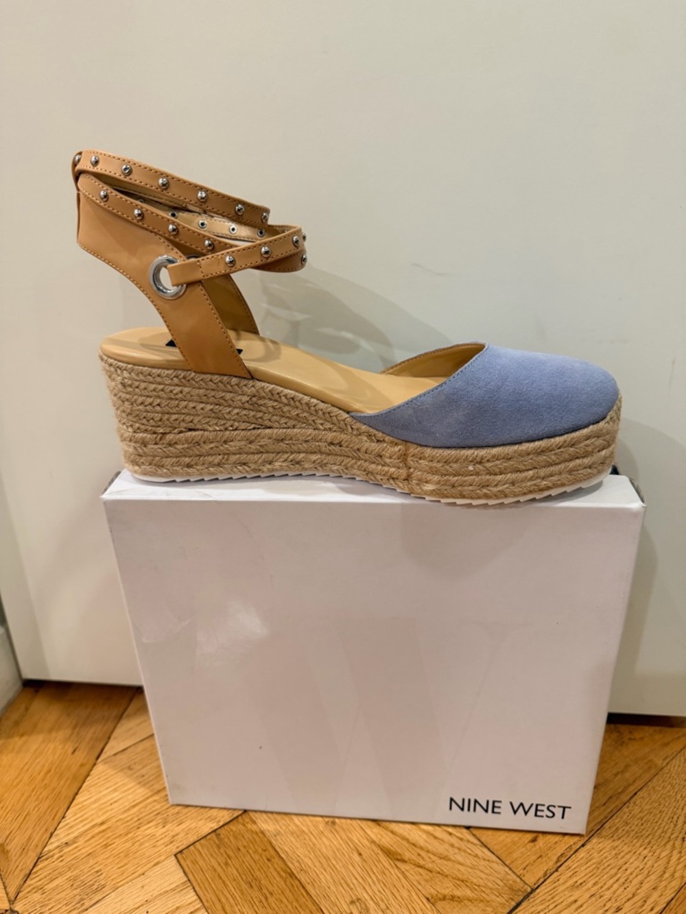 Espadrille Wedge Sandals Size 12 – Blue Suede & Tan Studded Ankle Strap, NIB